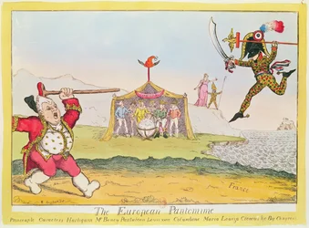 The European Pantomime, Cartoon of Napoleon as Harlequin, King Louis XVIII as Pantaloon, Queen Marie-Louise as Columbine and the Congress of Vienna